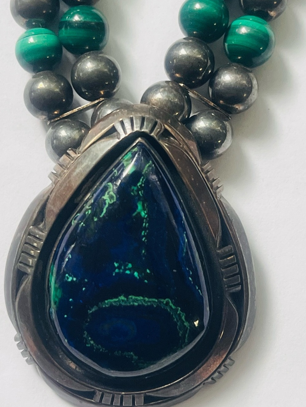 Green and Blue Teardrop Stone Pendant Necklace - Silver Bead Women’s Jewelry